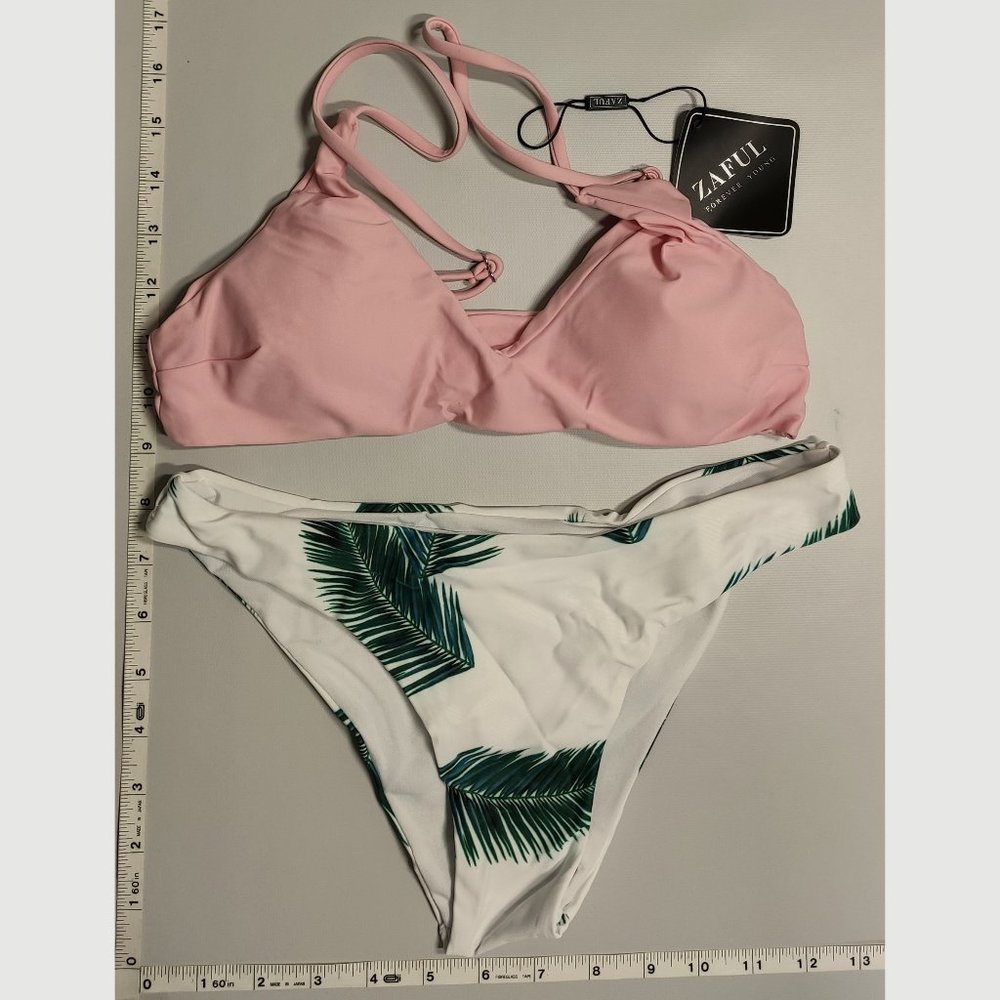 NWT ZAFUL Small Tankini high cut Pink and Palm print bikini set